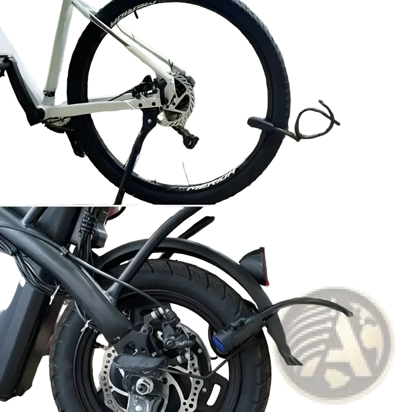 White bicycle with black tires and disc brake system paired with heavy duty motorcycle chain lock anti theft bike lock