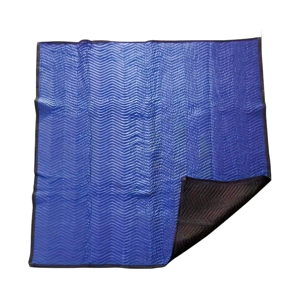 Heavy duty blue moving blanket with textured zigzag pattern and black underside for furniture protection