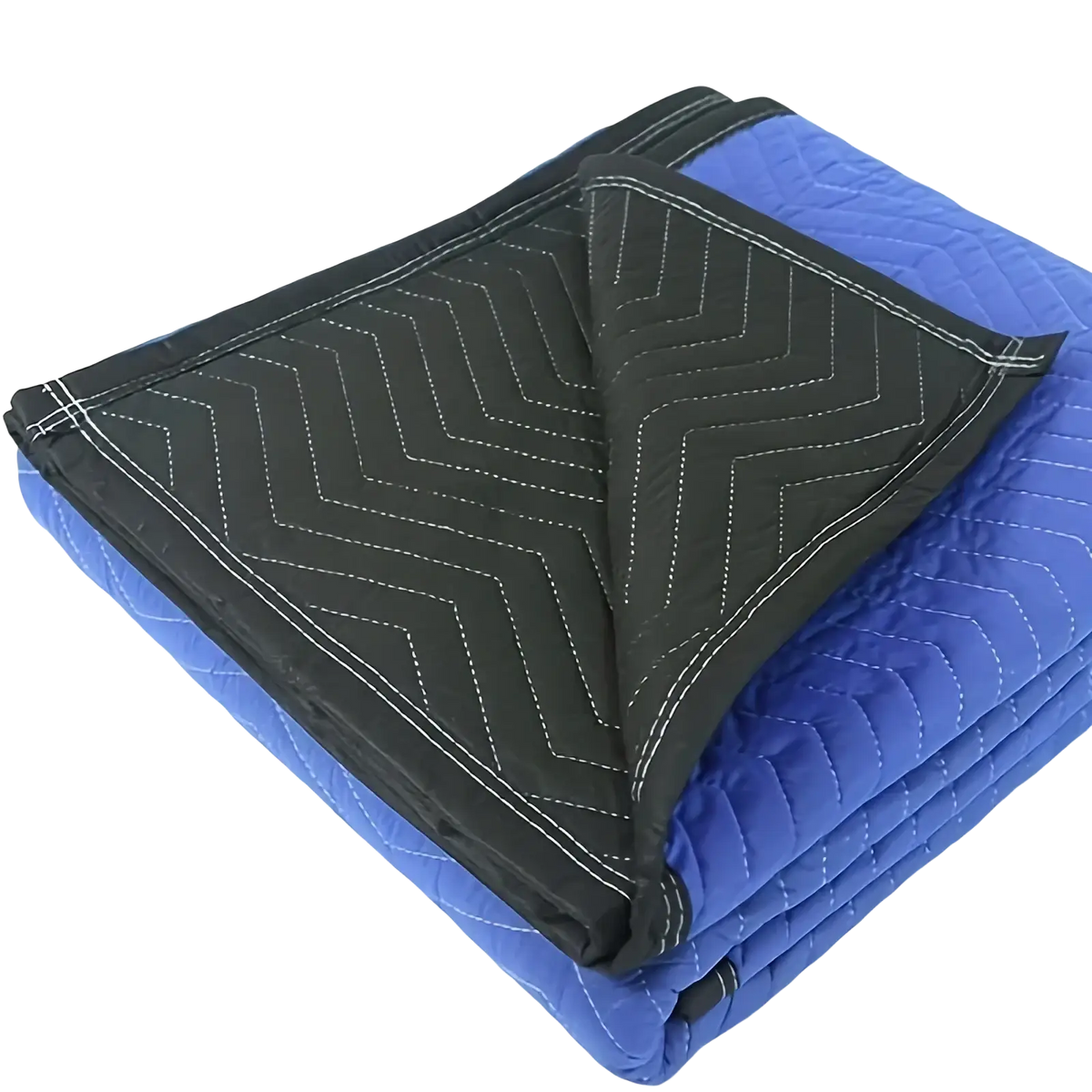 Heavy duty moving blanket showing blue quilted front with black zigzag stitched underside and white edge stitching