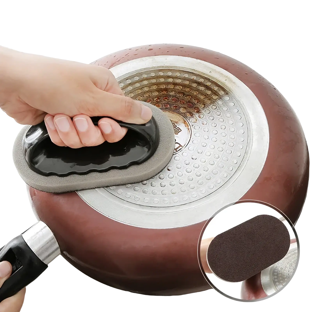 Heavy duty pot scraper sponge with handle featuring black and gray sponge and textured dark brown abrasive surface for cleaning pots