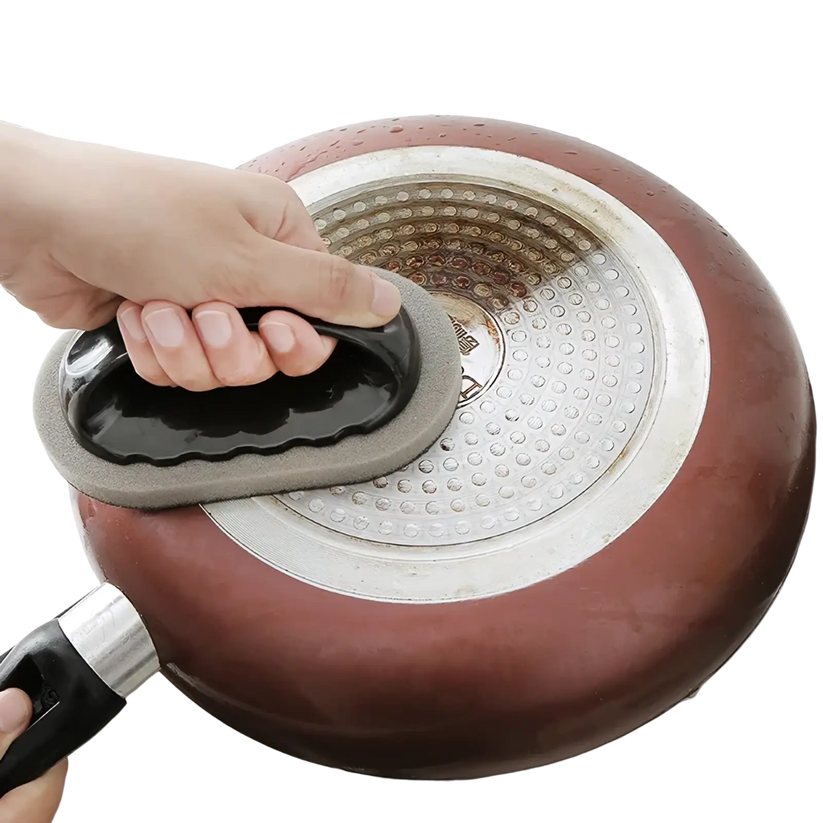 Heavy duty pot scraper sponge with handle in black and gray featuring a textured surface for cleaning pots
