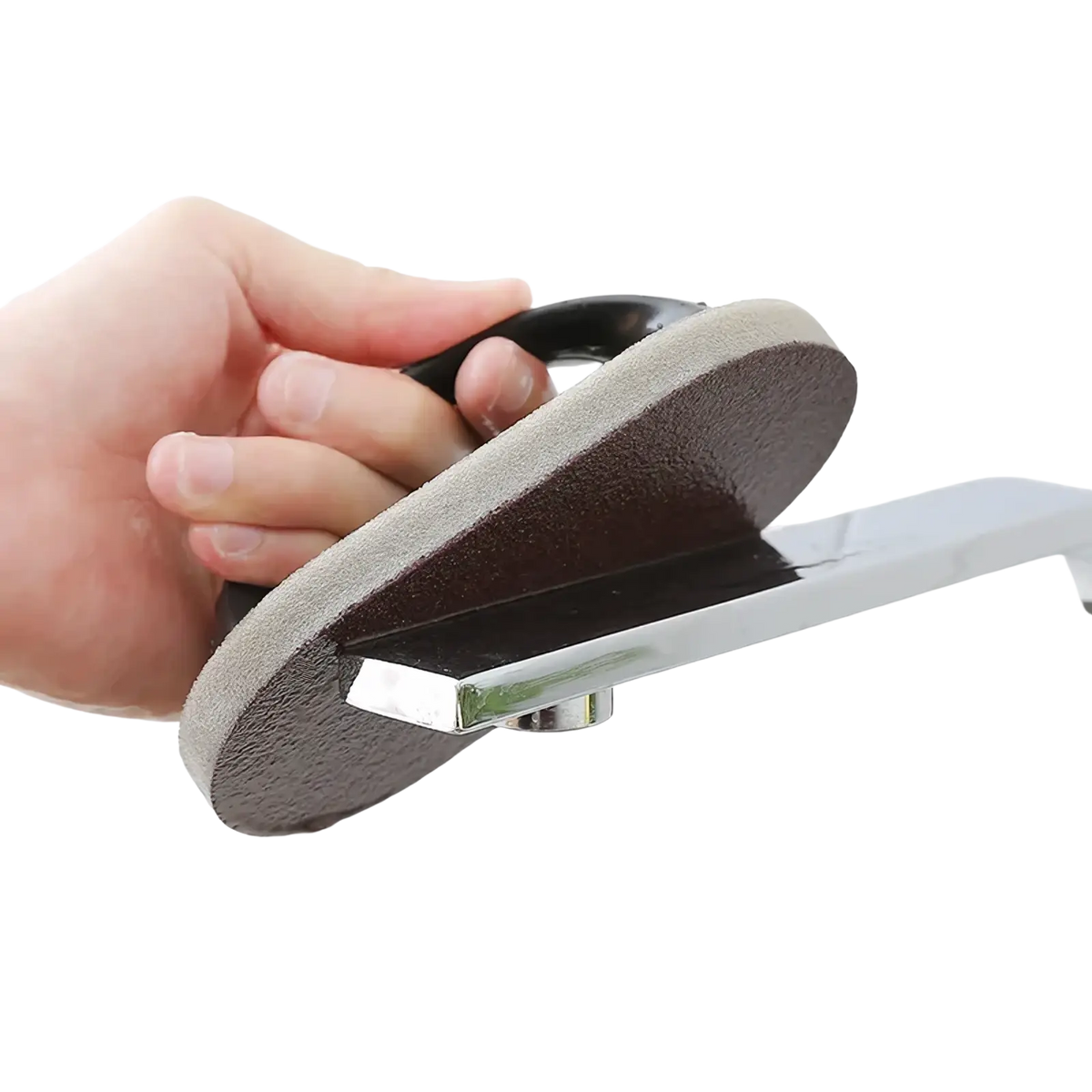 Heavy duty pot scraper sponge with black and gray dual-sided ergonomic handle for cleaning chrome fixtures