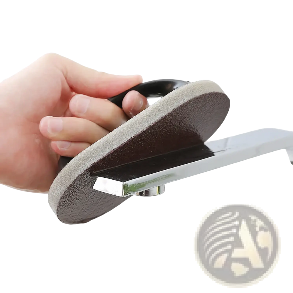 Heavy duty pot scraper sponge with black and gray dual-sided ergonomic handle for cleaning chrome fixtures