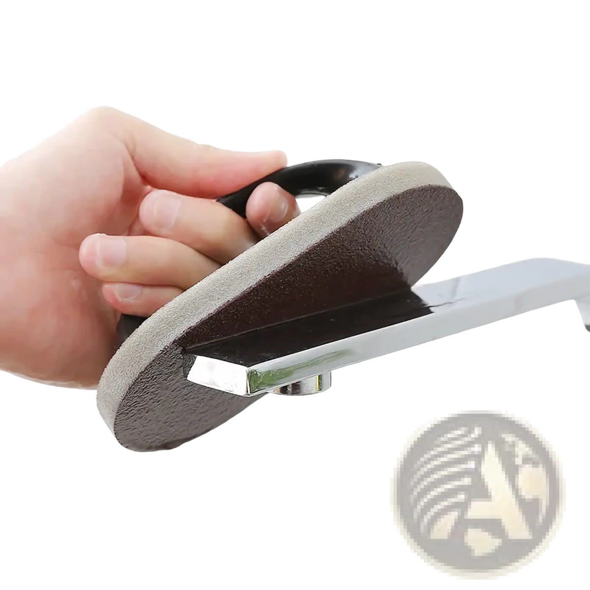 Heavy duty pot scraper sponge with black and gray dual-sided ergonomic handle for cleaning chrome fixtures