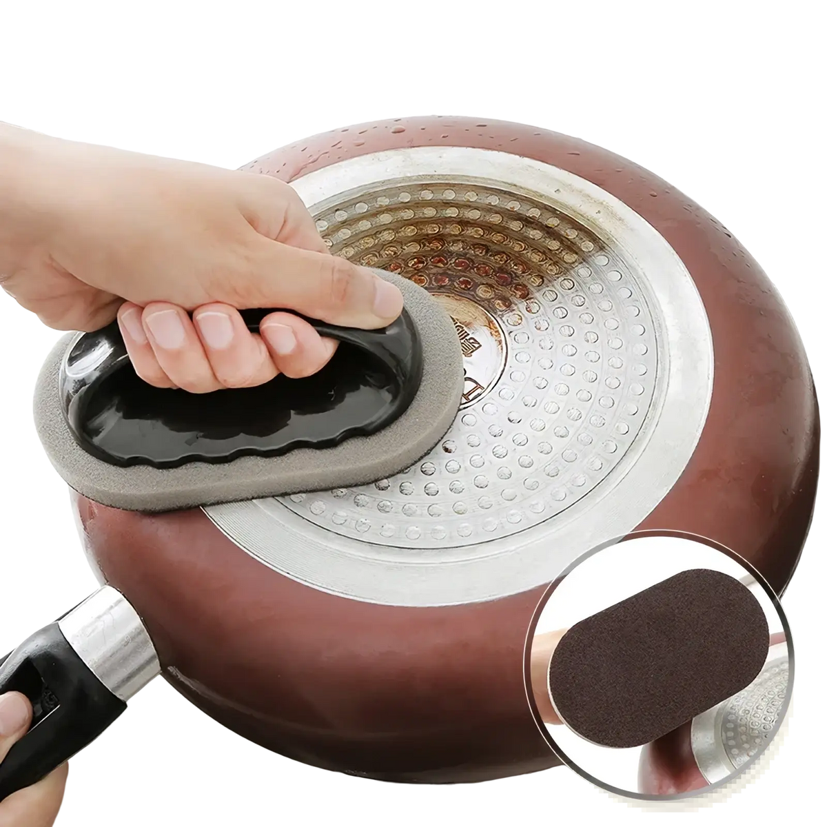 Heavy duty pot scraper sponge with handle featuring black and gray sponge and textured dark brown abrasive surface for cleaning pots