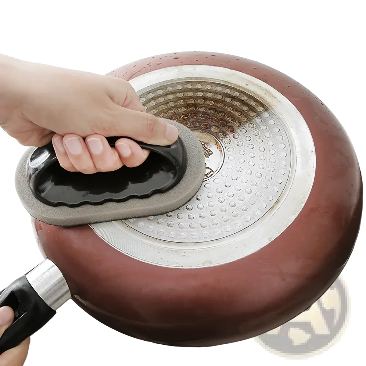 Heavy duty pot scraper sponge with handle in black and gray featuring a textured surface for cleaning pots
