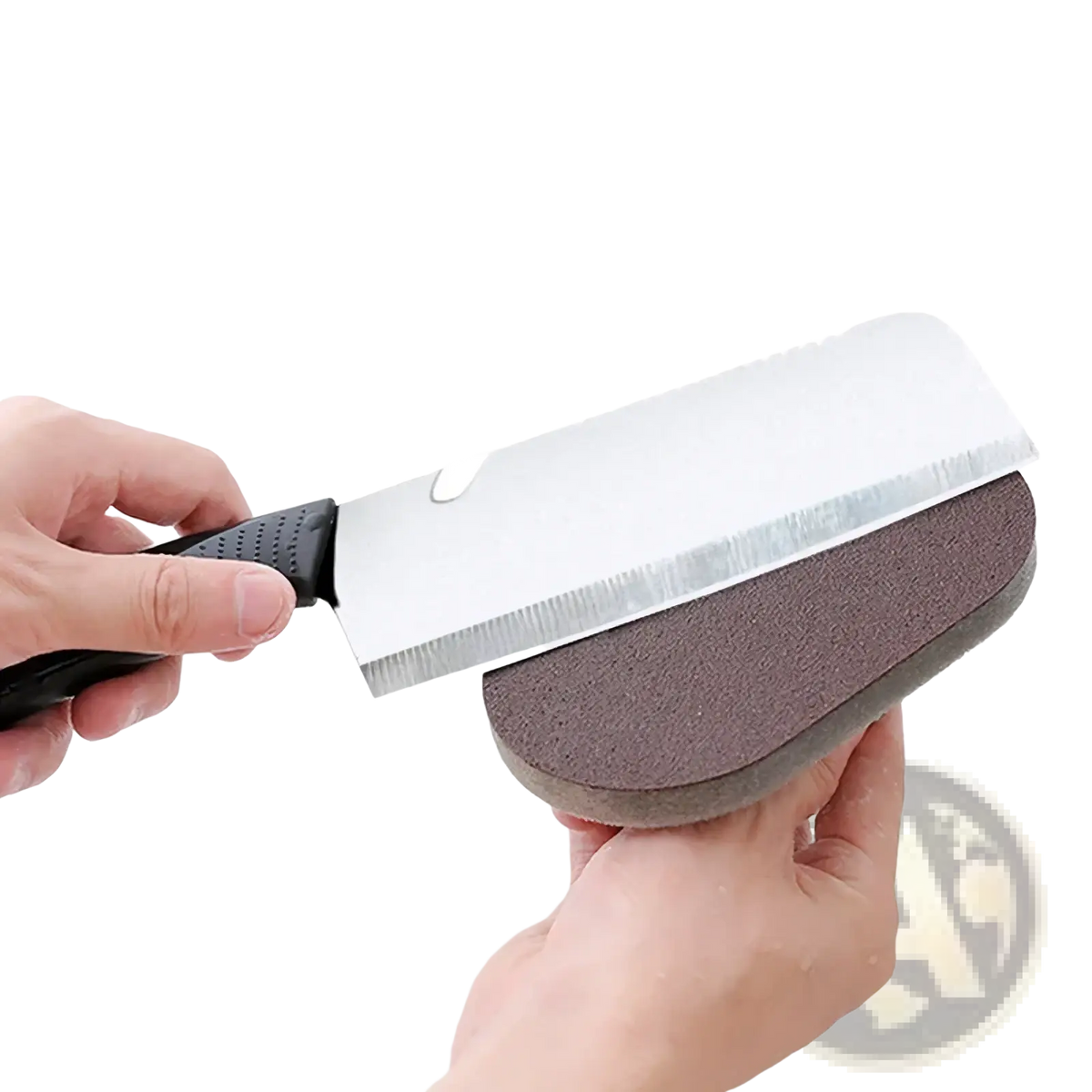 Black-handled kitchen knife being sharpened on dual-sided abrasive stone alongside heavy duty pot scraper sponge with handle
