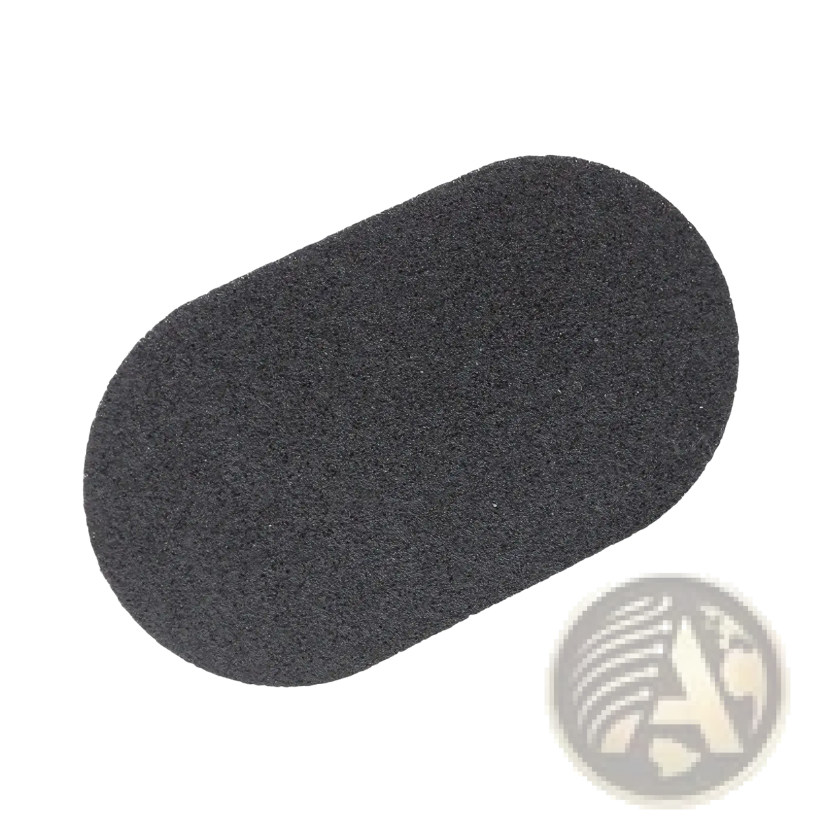 Black oval-shaped heavy duty pot scraper sponge with textured abrasive surface and handle for effective cleaning