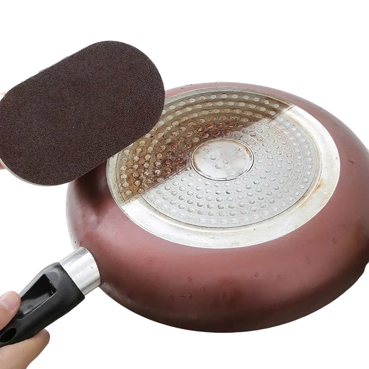 Dark brown heavy duty pot scraper sponge with handle scrubbing rusted pan base with abrasive material