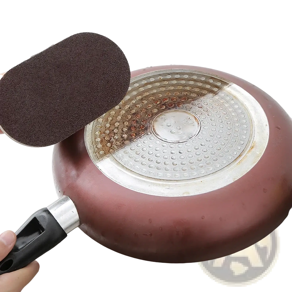 Dark brown heavy duty pot scraper sponge with handle scrubbing rusted pan base with abrasive material
