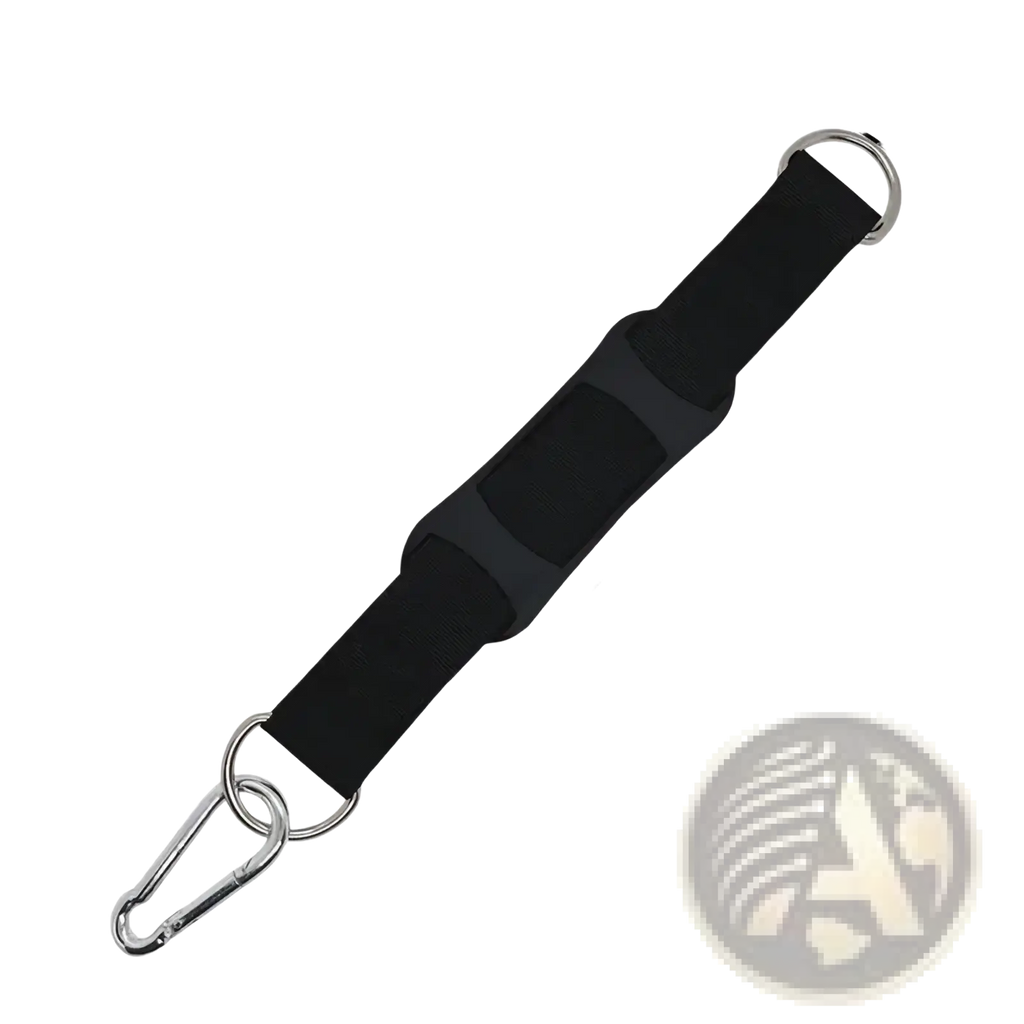 Black heavy duty punching bag hanger strap made of fabric with metal carabiner and ring ends for tree mount use