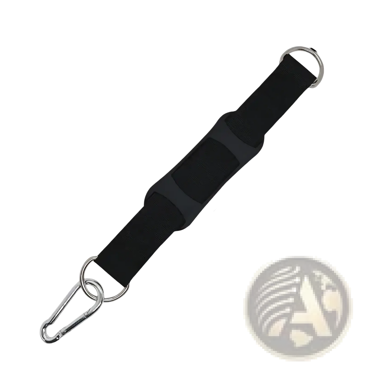 Black heavy duty punching bag hanger strap made of fabric with metal carabiner and ring ends for tree mount use
