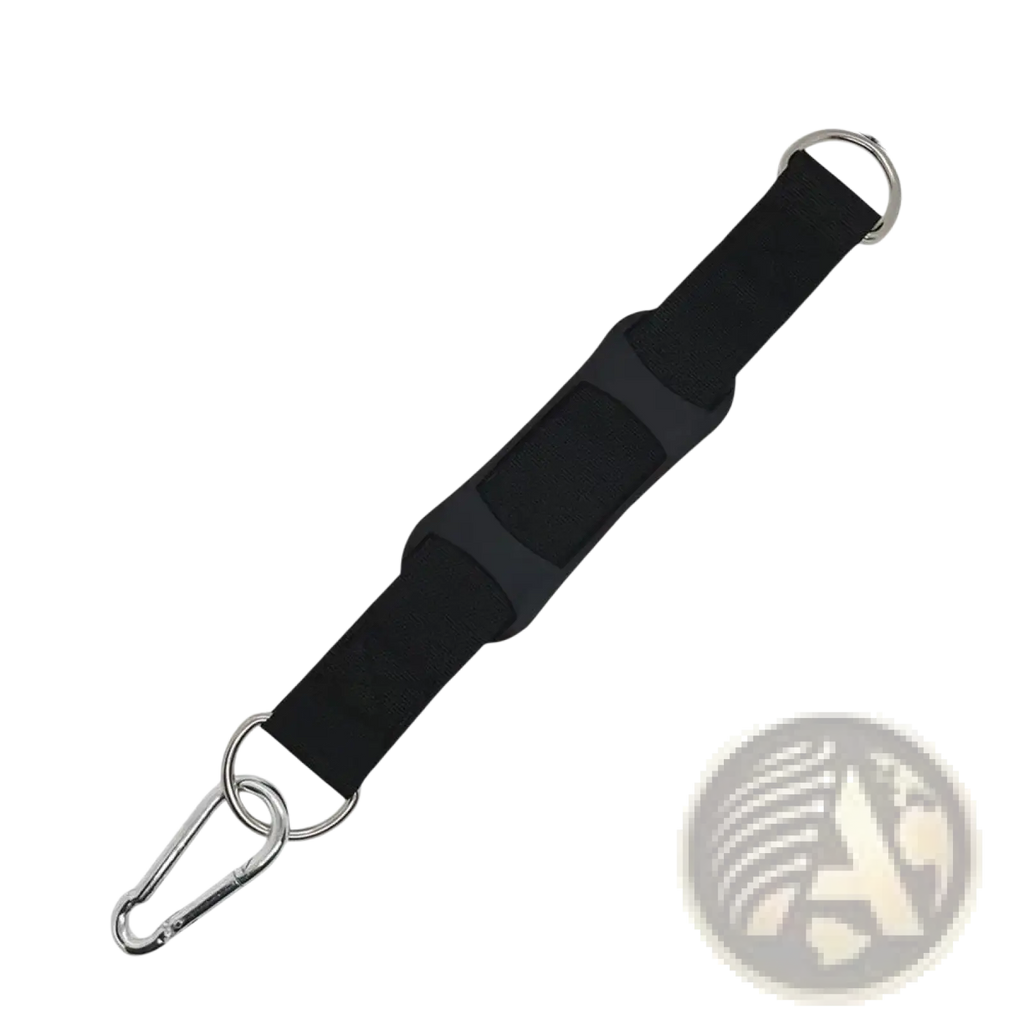 Black heavy duty punching bag hanger strap with silver carabiner and reinforced sections for tree mount use