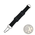 Black heavy duty punching bag hanger strap with silver carabiner and reinforced sections for tree mount use
