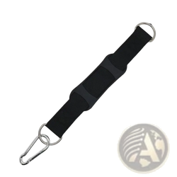 Black heavy duty punching bag hanger strap with silver carabiner and reinforced sections for tree mount use