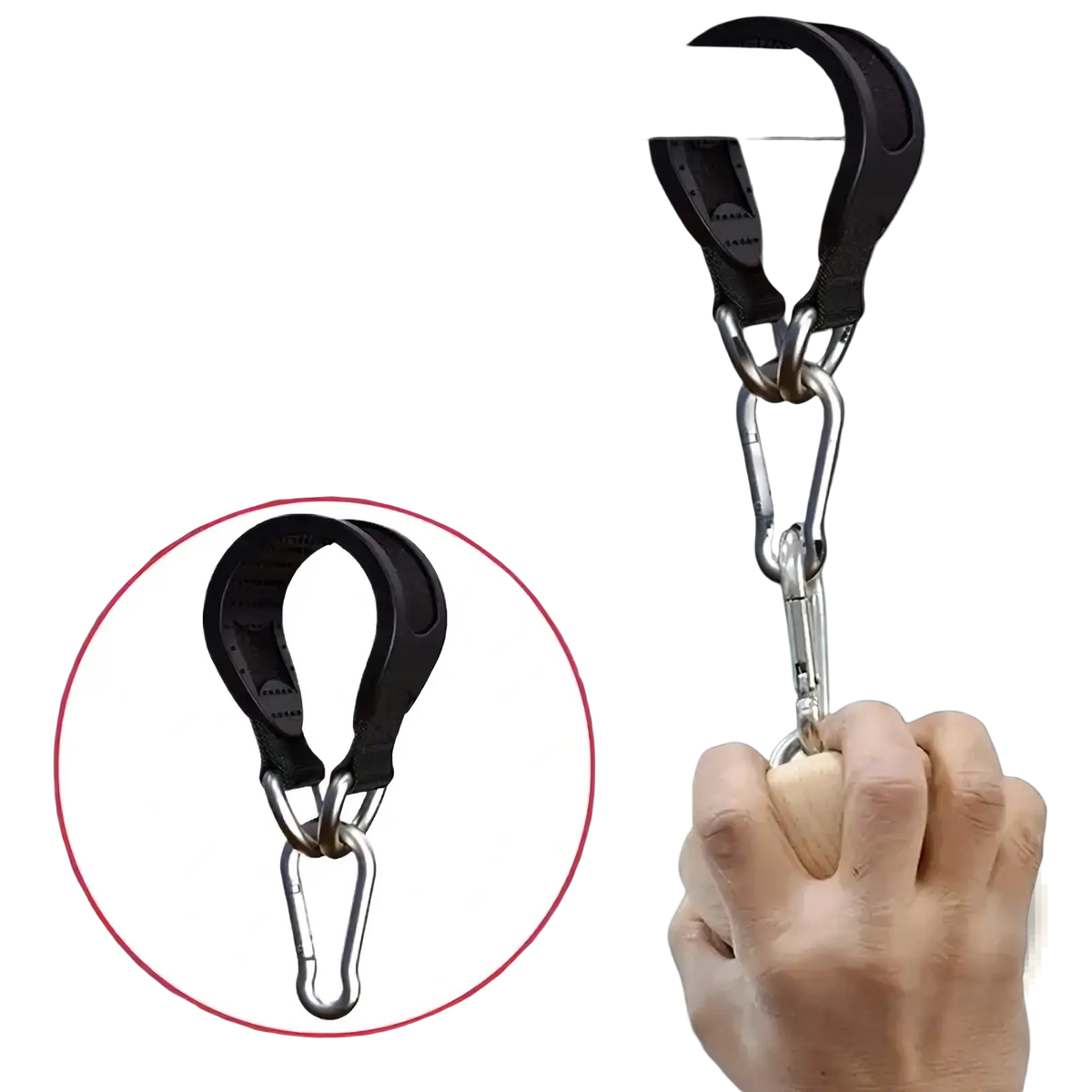 Black leather heavy duty punching bag hanger strap with silver carabiner clips for tree mount installation