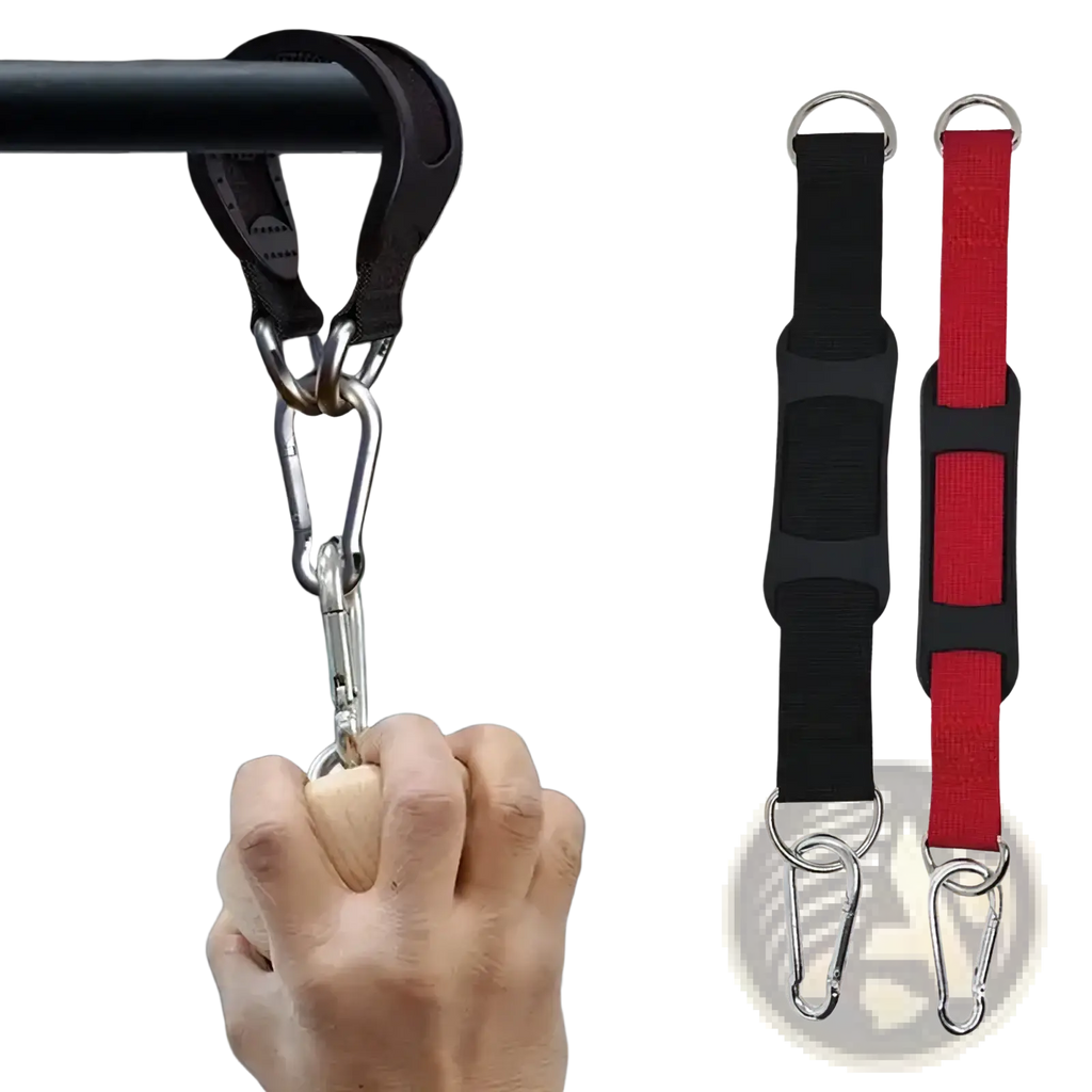 Black and red heavy duty punching bag hanger strap tree mount with adjustable pull-up assist straps and metal carabiners