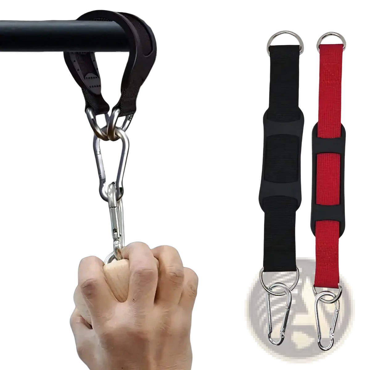Black and red heavy duty punching bag hanger strap tree mount with adjustable pull-up assist straps and metal carabiners