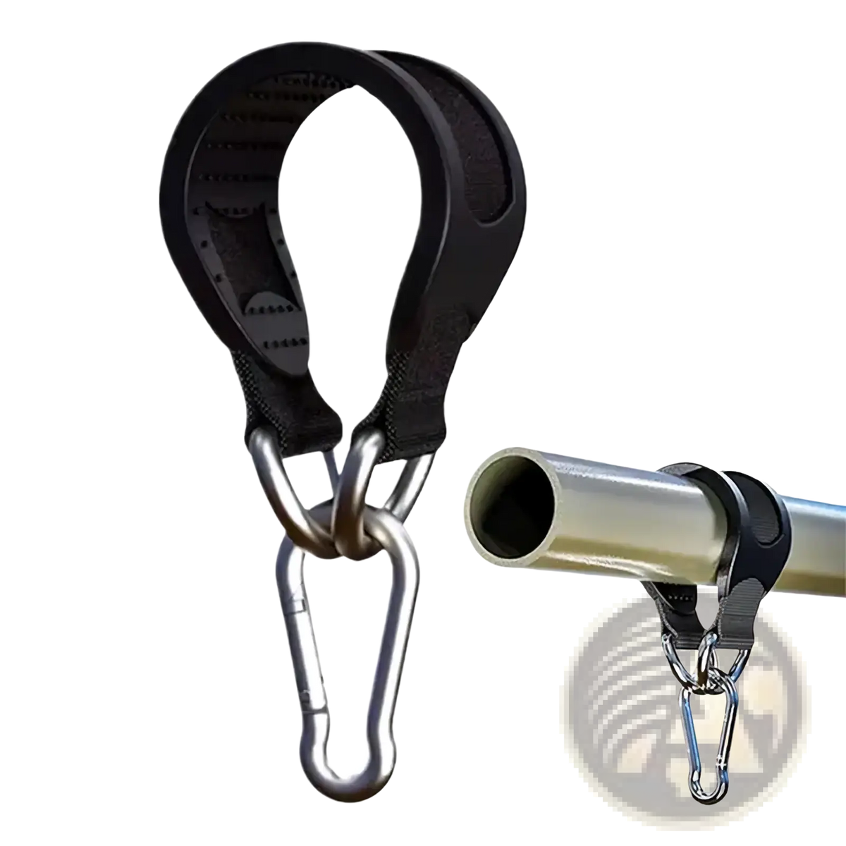Black rubberized heavy duty punching bag hanger strap with metal carabiner and chain attachment for tree mount