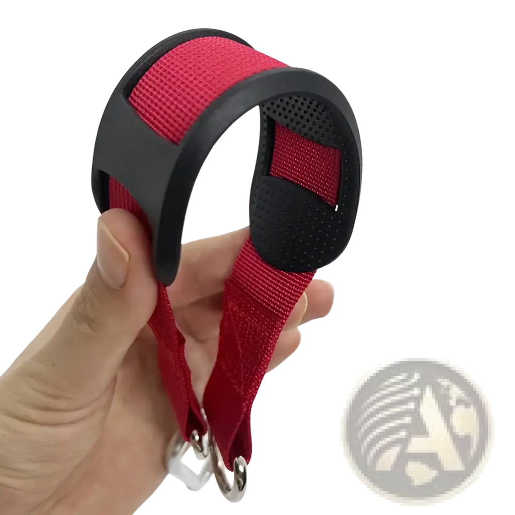 Heavy duty punching bag hanger strap tree mount with red and black fabric strap and molded plastic perforated grip handle