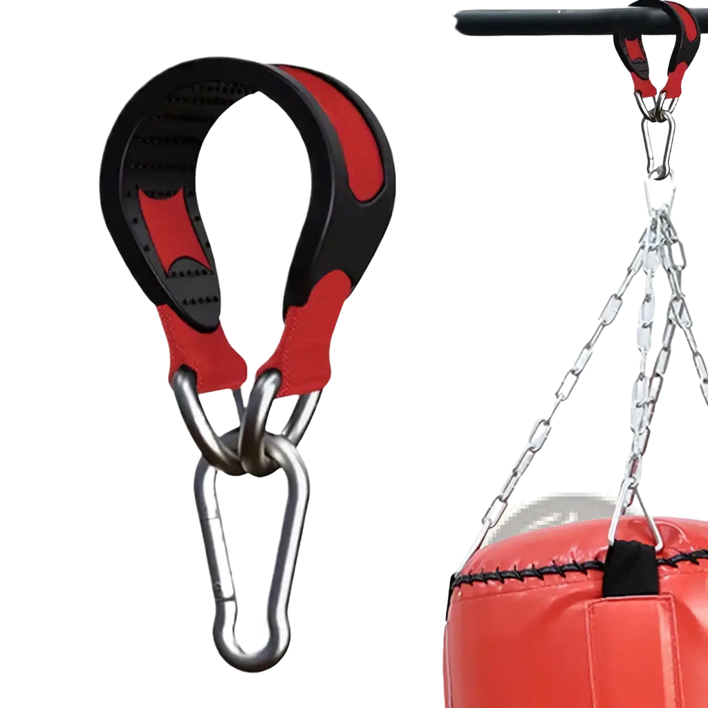 Heavy duty punching bag hanger strap tree mount with red and black padded design and metal carabiner for secure hanging