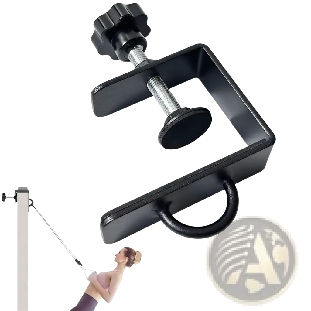 Black heavy duty metal clamp with adjustable screw and handle for securing gym equipment resistance band door anchor mount