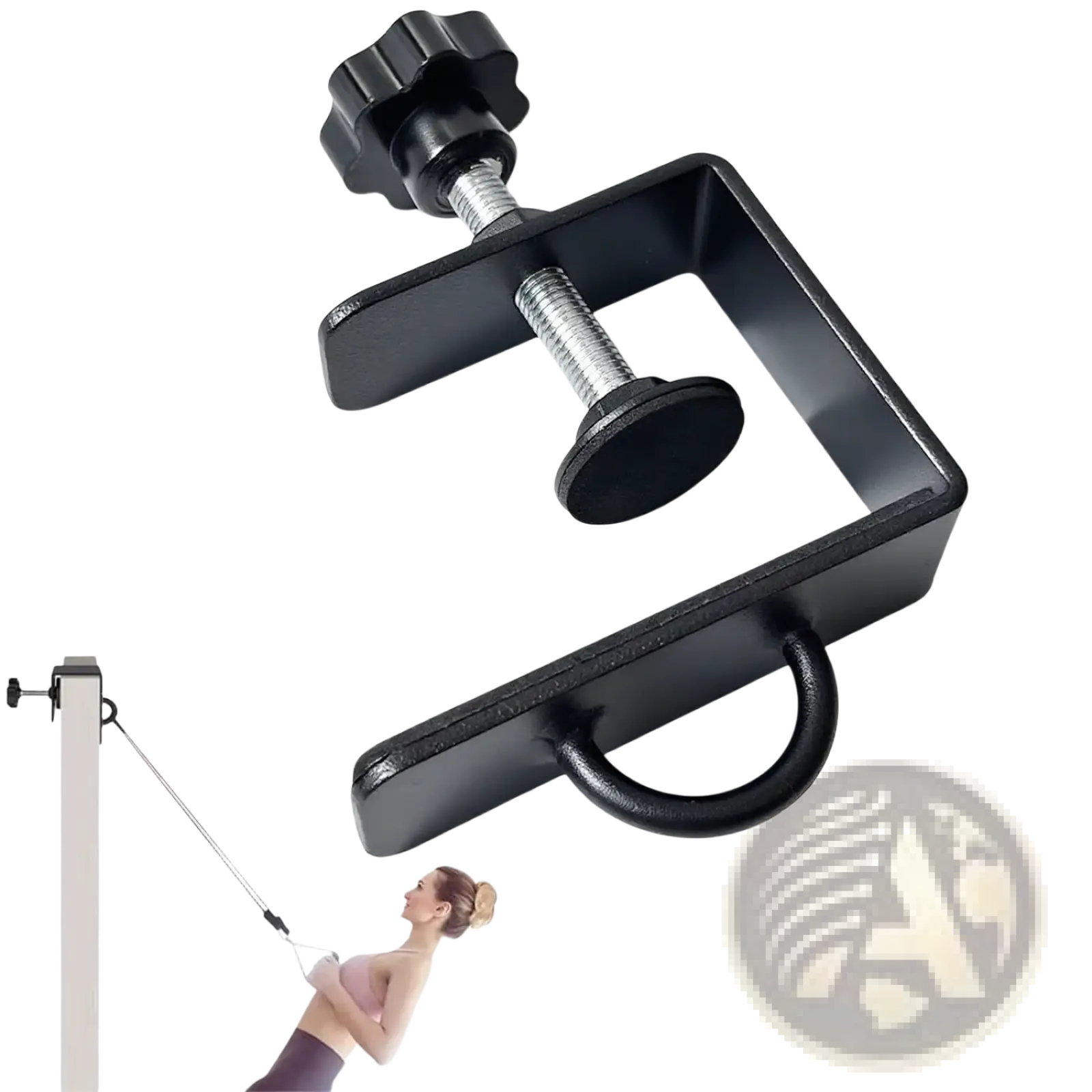 Black metal heavy duty resistance band door anchor mount with star-shaped knob threaded screw and integrated d-ring for securing equipment