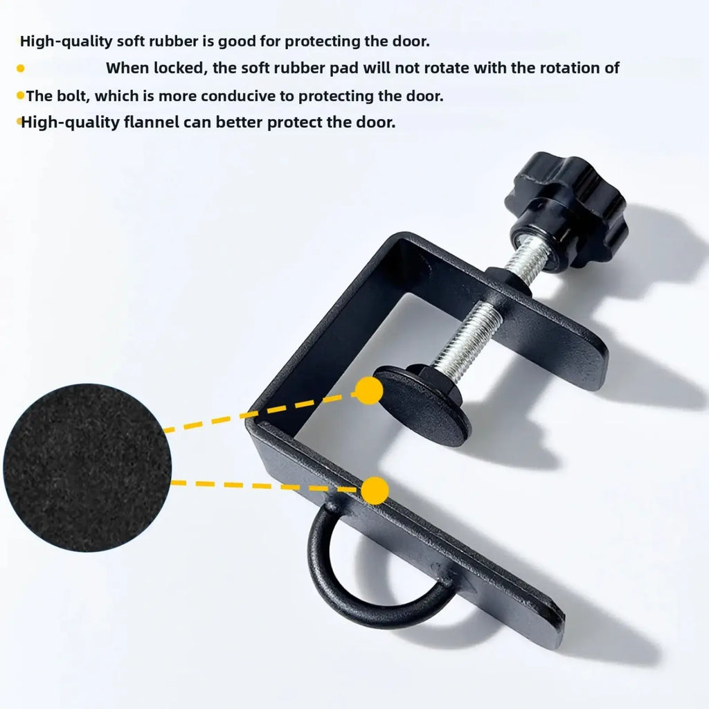 Black metal door protector with soft rubber pad and adjustable bolt for heavy duty resistance band door anchor mount