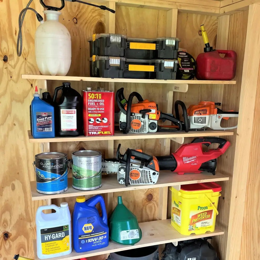 Red milwaukee electric chainsaw with black handle and orange accents for heavy duty wooden shed shelf bracket kit use