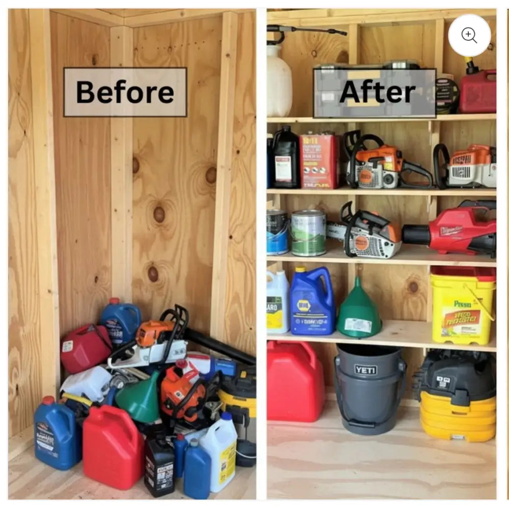Organized wooden shelving unit featuring heavy duty wooden shed shelf bracket kit holding neatly arranged tools and equipment
