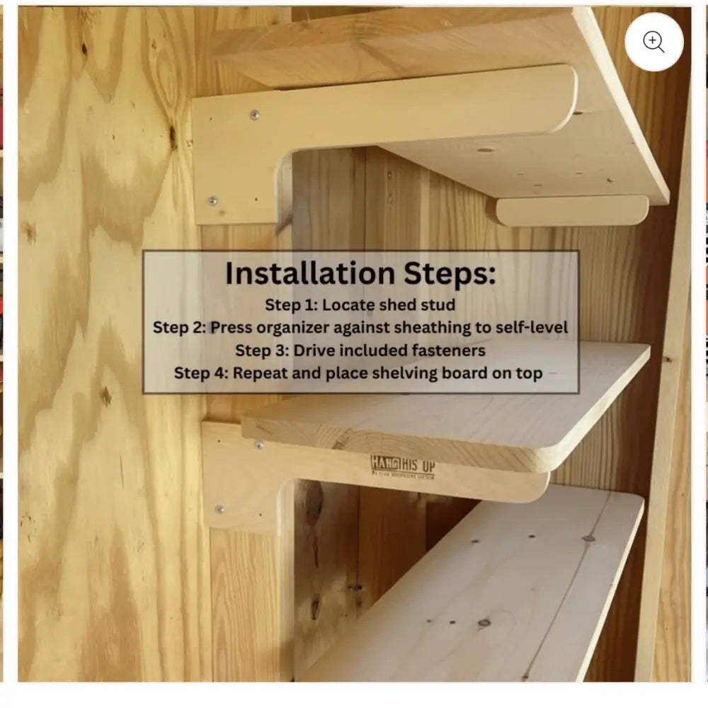 Light-colored wooden heavy duty shed shelf bracket kit with simple design and Hangs Up brand logo visible on bracket