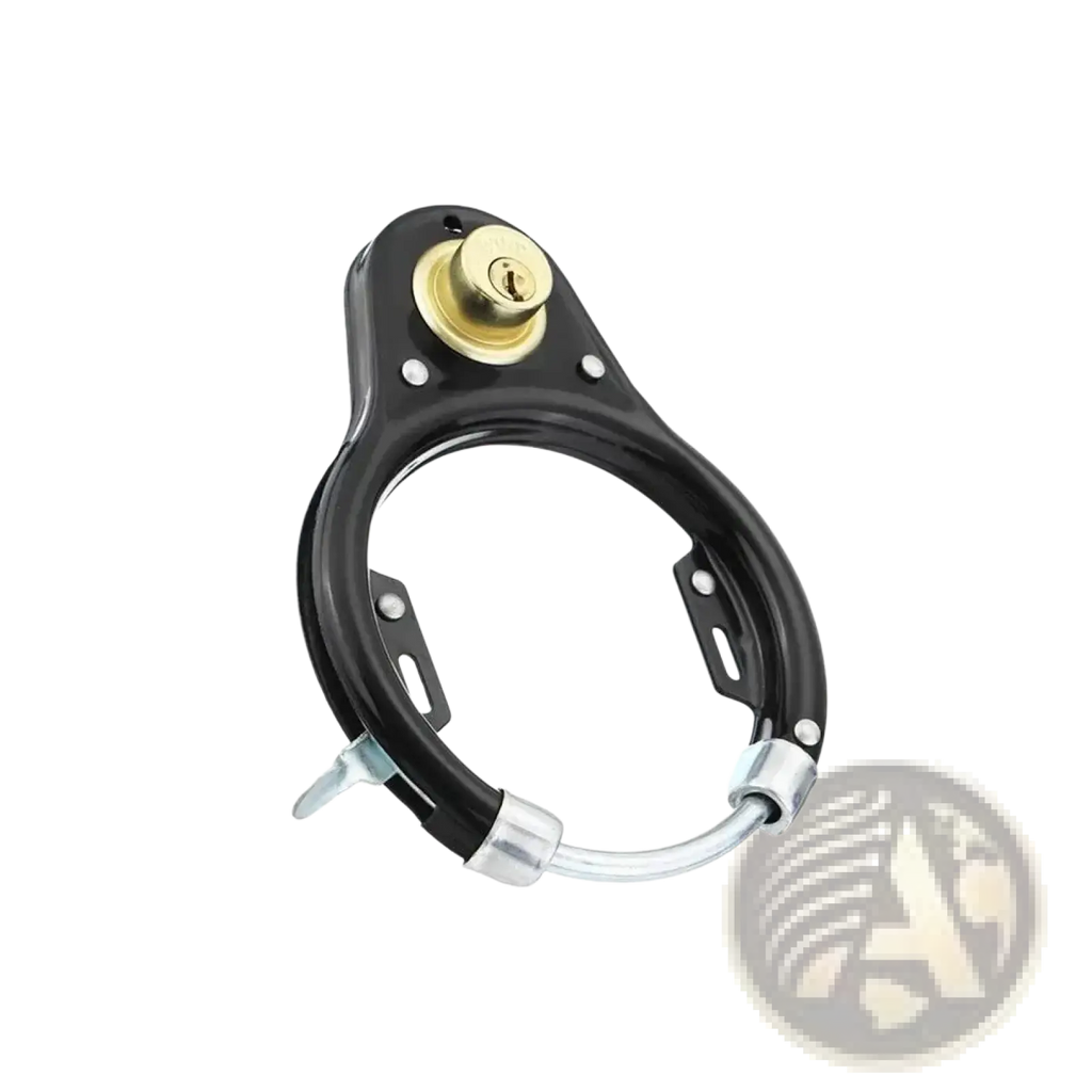 Black metal heavy duty steel u lock for bikes with gold-colored keyhole and silver-toned hardware