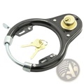 Black metal heavy duty steel u lock with gold keyhole and two matching keys for secure bike protection