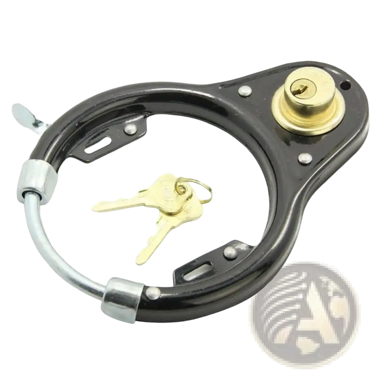 Black metal heavy duty steel u lock with gold keyhole and two matching keys for secure bike protection