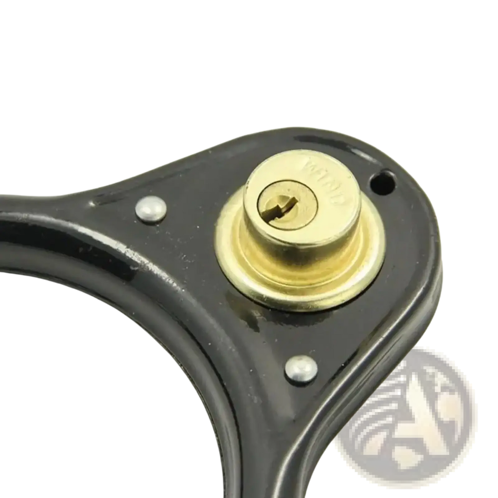 Black metal door handle with brass keyhole and silver screws on heavy duty steel u lock for bikes