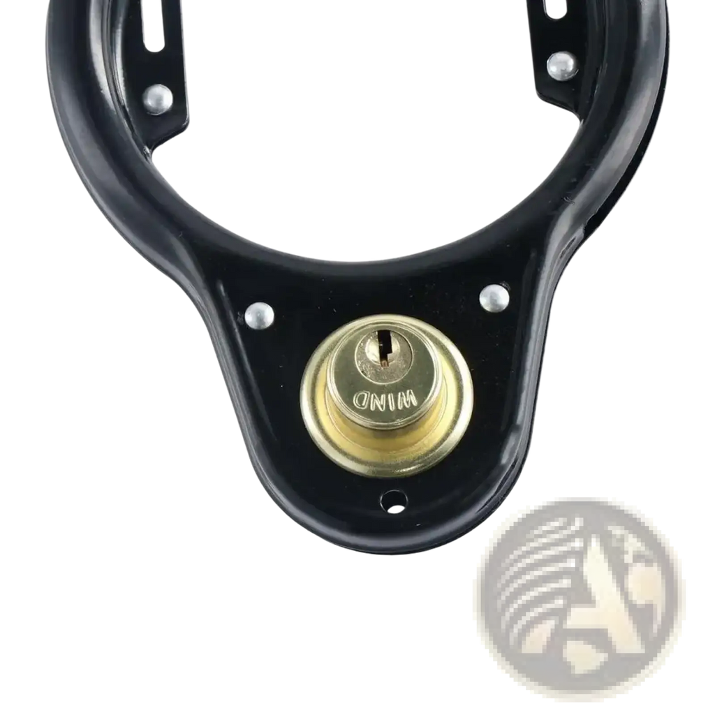 Heavy duty steel black u lock for bikes with brass-colored keyhole and win brand engraving visible on front side