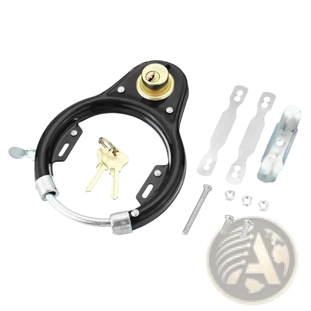 Heavy duty steel u lock for bikes in black and silver with a sturdy circular design and brass-colored keyhole