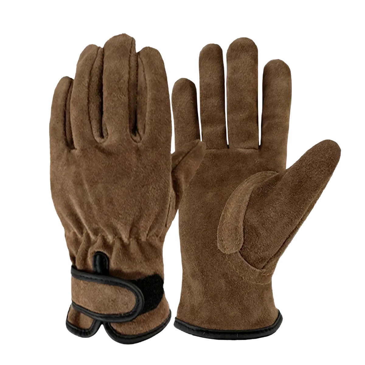 Brown suede heavy duty work gloves for men with black reinforced trim and velcro wrist strap shown from the back side