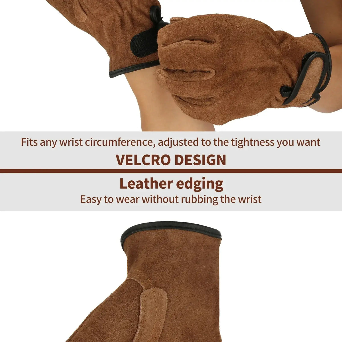 Brown suede heavy duty welding gloves for men with black velcro wrist straps and leather edging shown from the back side