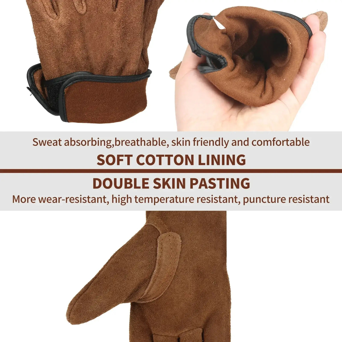 Heavy duty brown suede work gloves for men with soft cotton lining and double skin pasting for durability