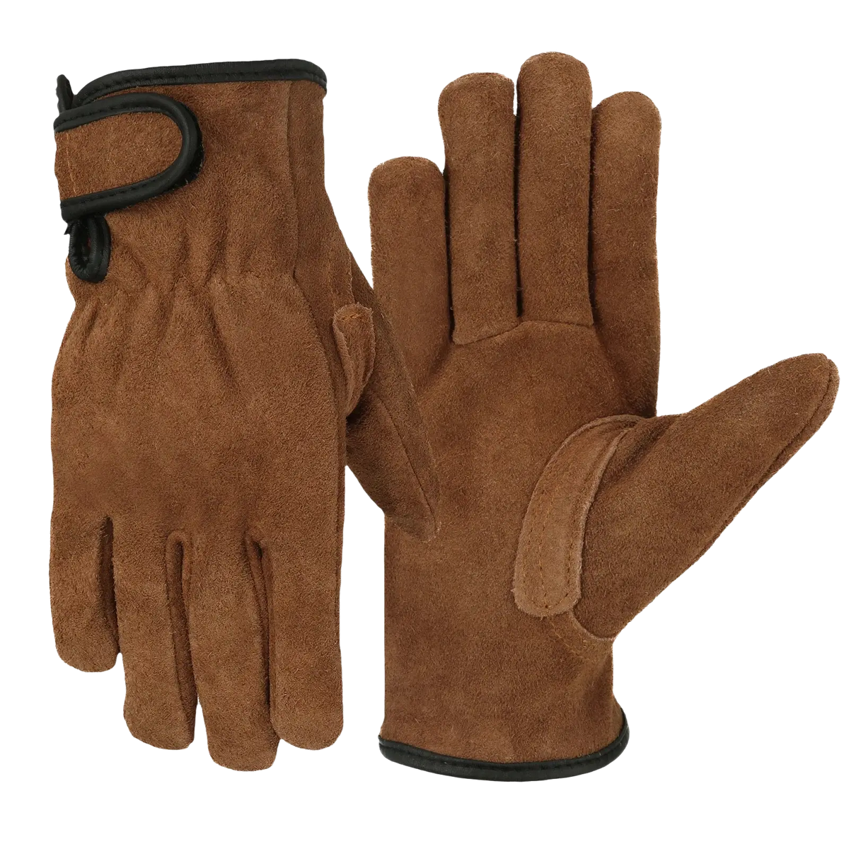 Brown suede heavy duty work gloves for men with black trim and velcro strap at the wrist shown from the back side