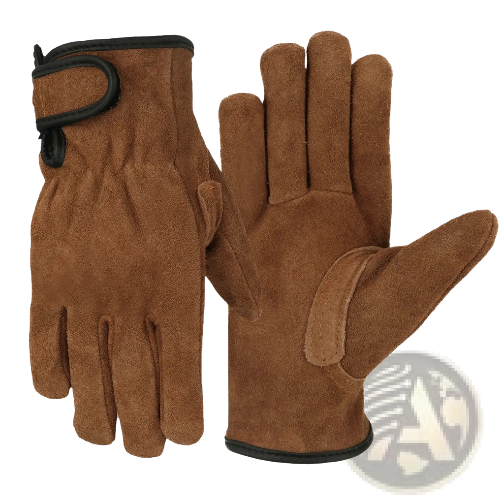 Brown suede heavy duty work gloves for men with black trim and velcro strap at the wrist shown from the back side