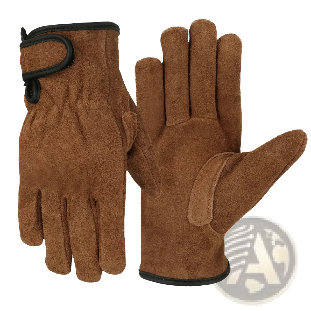 Brown suede heavy duty work gloves for men with black trim and velcro strap at the wrist shown from the back side