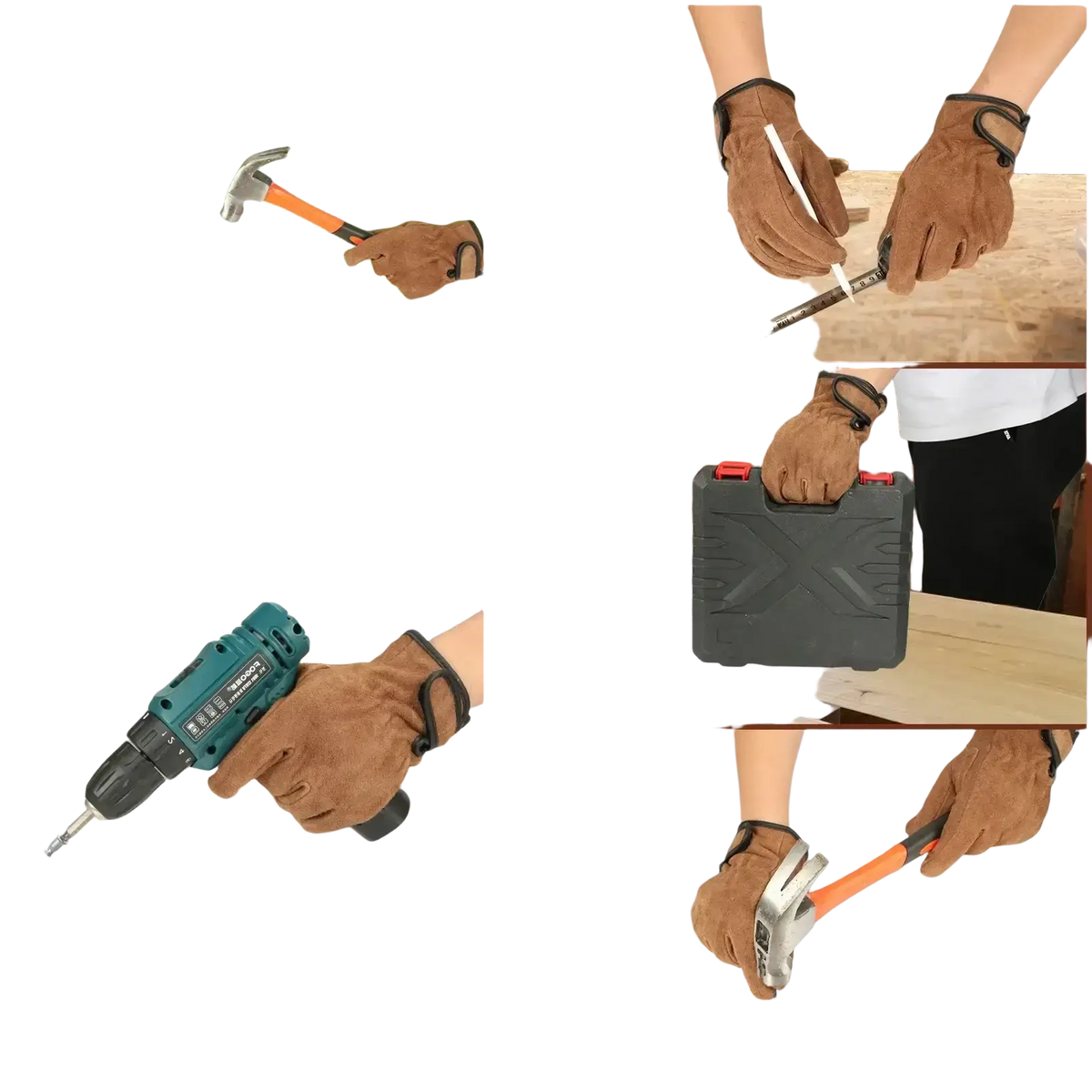 Brown leather heavy duty suede work gloves for men with black reinforced stitching and adjustable wrist strap
