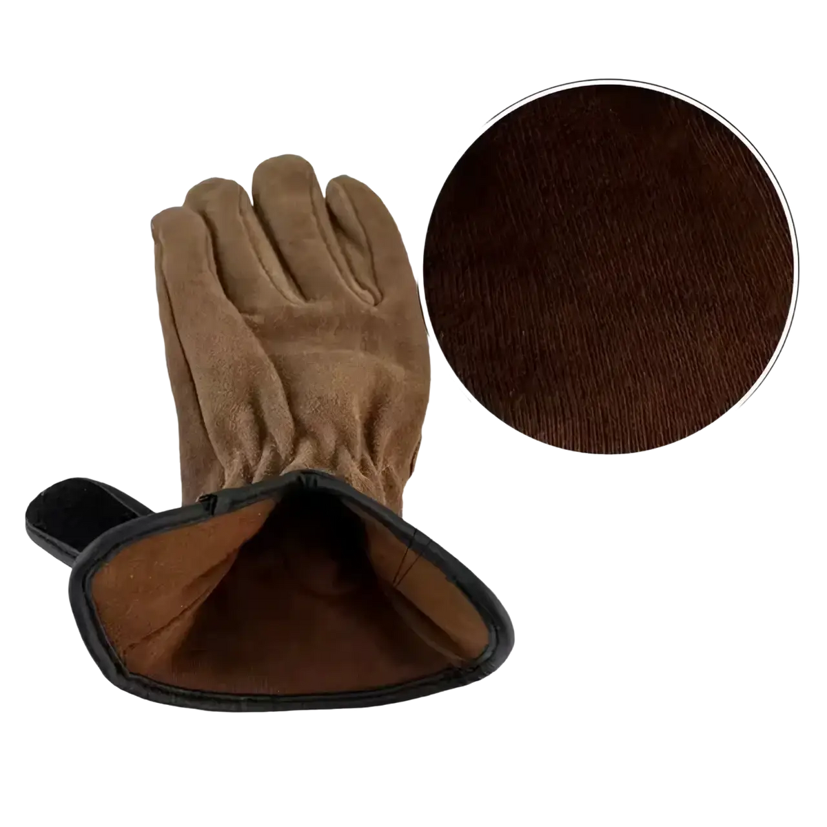 Heavy duty suede work gloves for men brown leather with black reinforced cuff and interior lining