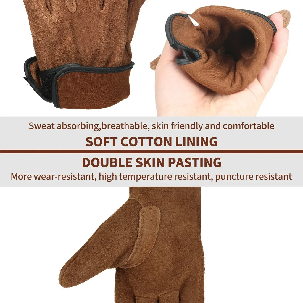 Heavy duty brown suede work gloves for men with soft cotton lining and double skin pasting for durability