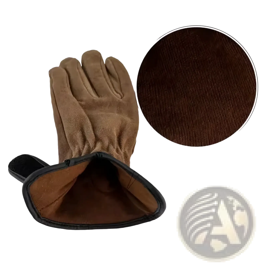 Heavy duty suede work glove in brown with cotton-lined interior for breathability and sweat absorption