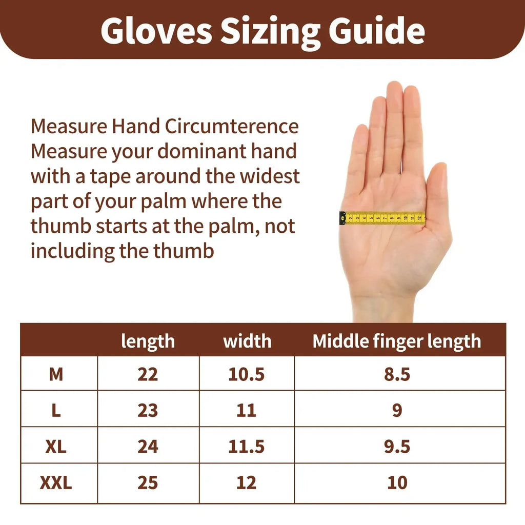Gloves sizing guide chart with measurement instructions and size table m to xxl for heavy duty suede work gloves for men