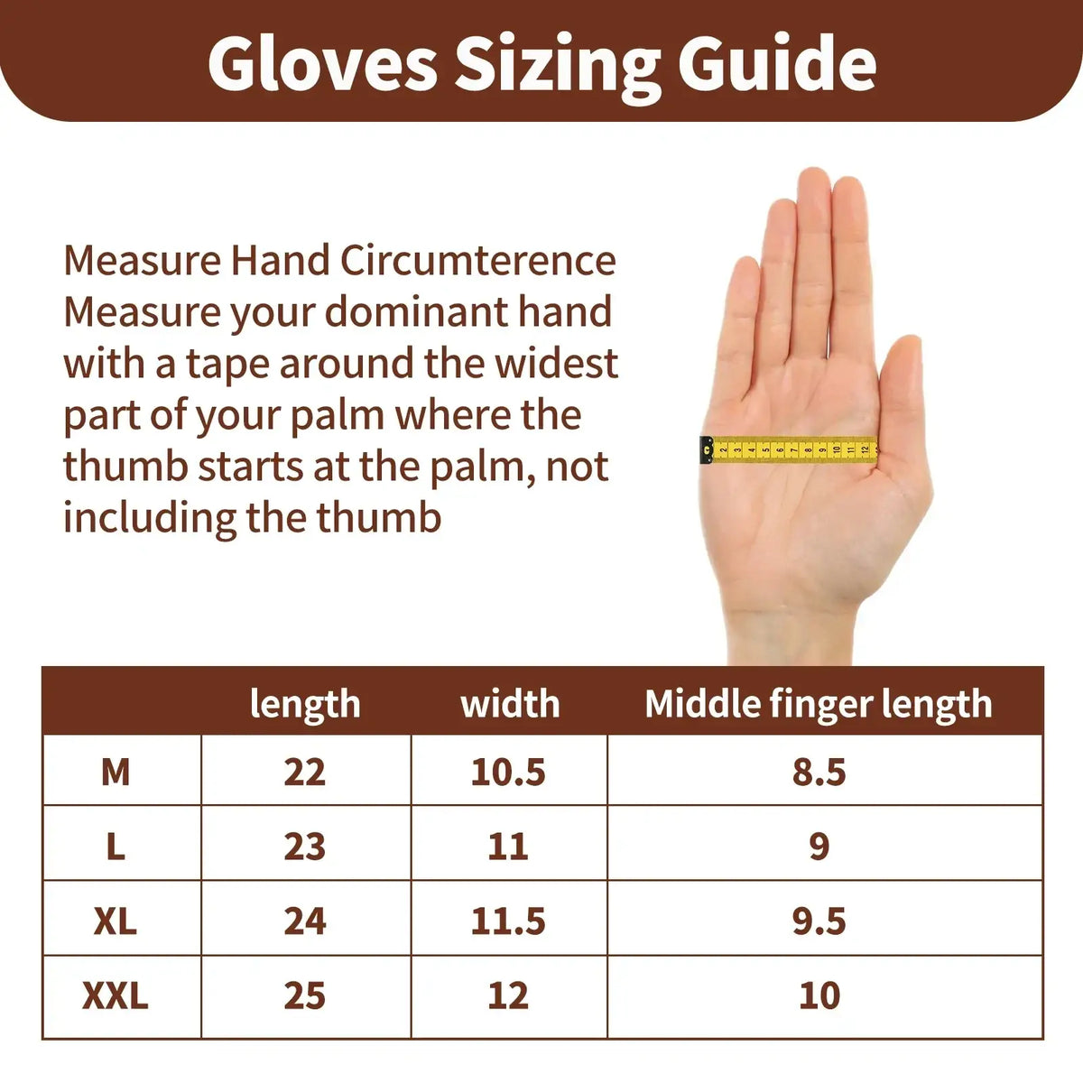 Gloves sizing guide chart with measurement instructions and size table m to xxl for heavy duty suede work gloves for men
