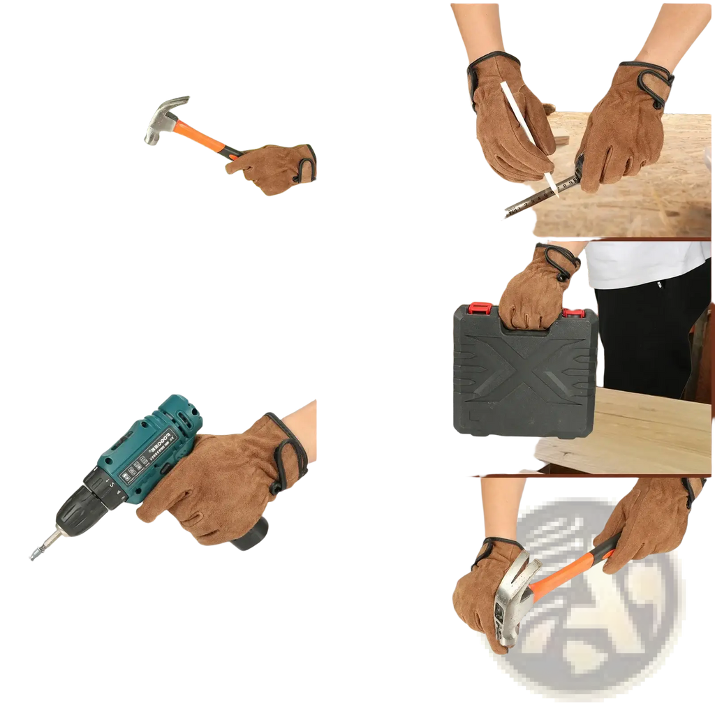 Teal and black cordless drill with textured grip shown alongside heavy duty suede work gloves for men